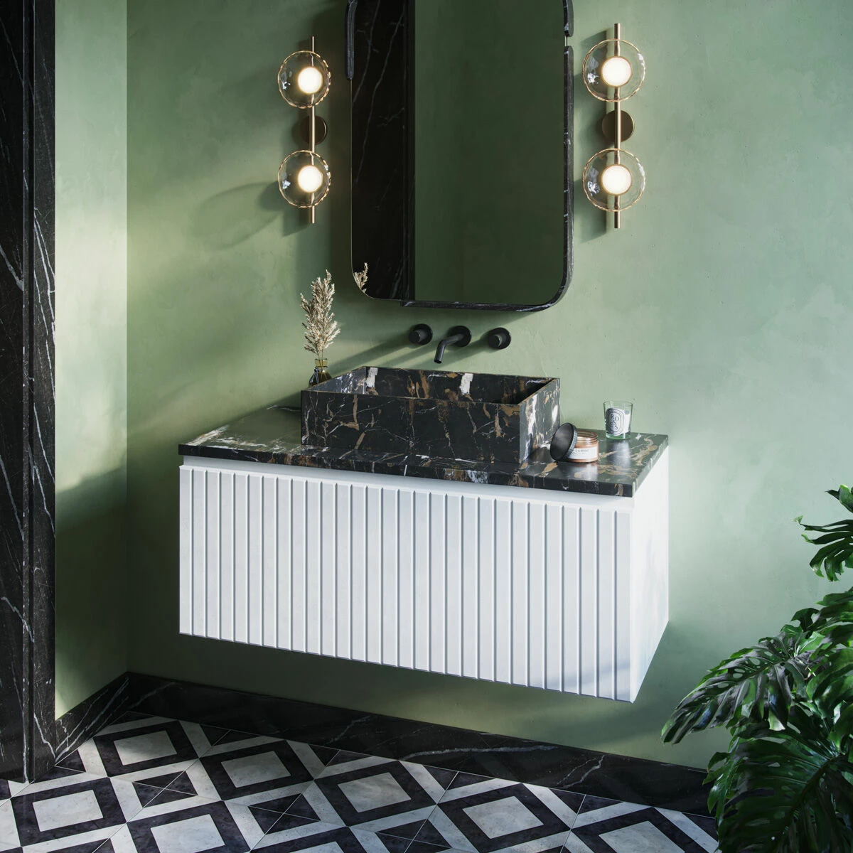 Fontana Portoro Gold Marmer Badmeubel 100cm Mat Wit Met Ribbelfront En Toppaneel Met Rechthoekige Waskom