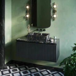 Fontana Portoro Gold Marmer Badmeubel 100cm Mat Zwart Met Ribbelfront En Toppaneel Met Rechthoekige Waskom