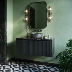 Fontana Portoro Gold Marmer Badmeubel 100cm Mat Zwart Met Ribbelfront En Toppaneel Met Ronde Waskom