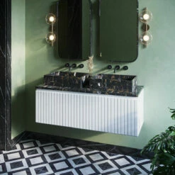 Fontana Portoro Gold Marmer Badmeubel 120cm Mat Wit Met Ribbelfront En Toppaneel Met Rechthoekige Waskommen