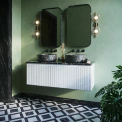 Fontana Portoro Gold Marmer Badmeubel 120cm Mat Wit Met Ribbelfront En Toppaneel Met Ronde Waskommen