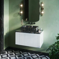 Fontana Portoro Gold Marmer Badmeubel 80cm Mat Wit Met Ribbelfront En Toppaneel Met Rechthoekige Waskom