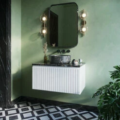 Fontana Portoro Gold Marmer Badmeubel 80cm Mat Wit Met Ribbelfront En Toppaneel Met Ronde Waskom