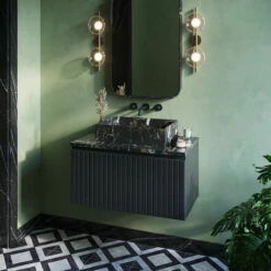 Fontana Portoro Gold Marmer Badmeubel 80cm Mat Zwart Met Ribbelfront En Toppaneel Met Rechthoekige Waskom