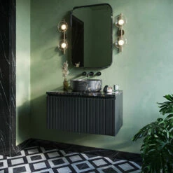 Fontana Portoro Gold Marmer Badmeubel 80cm Mat Zwart Met Ribbelfront En Toppaneel Met Ronde Waskom