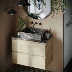 Fontana Portoro Gold Marmer Beach Eiken Wastafelmeubel 80cm Met Toppaneel En Rechthoekige Waskom