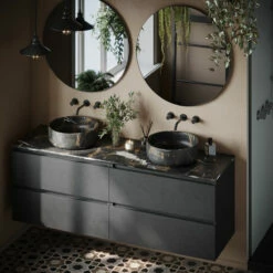 Fontana Portoro Gold Marmer Mat Zwart Wastafelmeubel 160cm Met Toppaneel En Ronde Waskommen