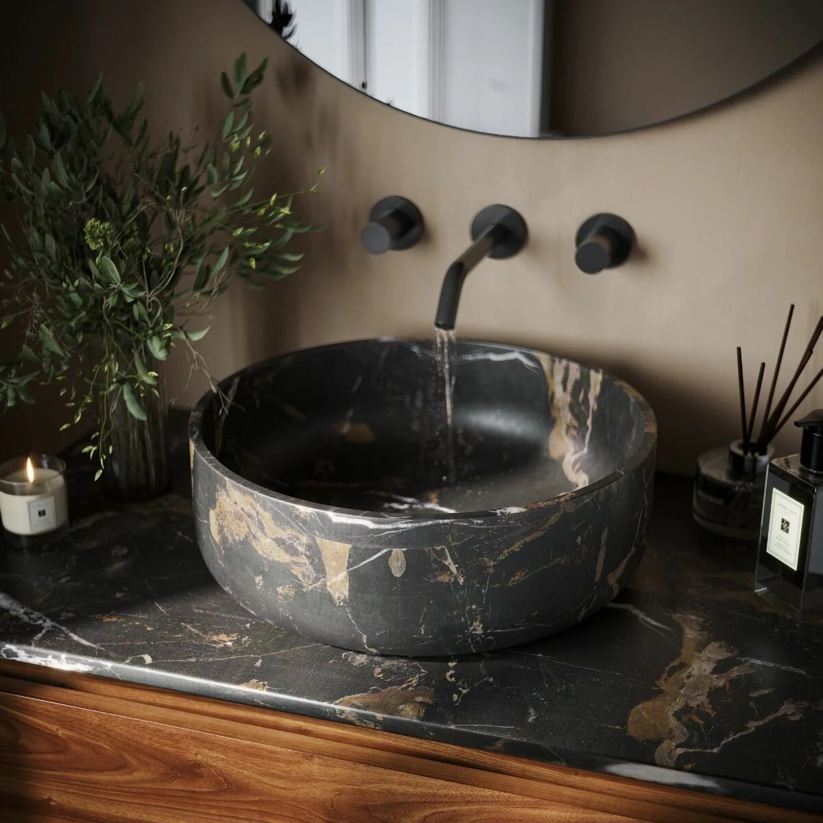 Fontana Portoro Gold Marmer Mat Zwart Wastafelmeubel 160cm Met Toppaneel En Ronde Waskommen - Afbeelding 2