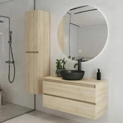 Fontana Proma Badkamermeubel 100cm Met Zwarte Waskom En LED Spiegel Beach Eiken