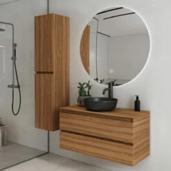 Fontana Proma Badkamermeubel 100cm Met Zwarte Waskom En LED Spiegel Walnoot