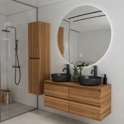 Fontana Proma Badkamermeubel 120cm Met Zwarte Waskommen En LED Spiegel Walnoot