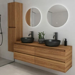 Fontana Proma Badkamermeubel 160cm Met Zwarte Waskommen En LED Spiegels Walnoot