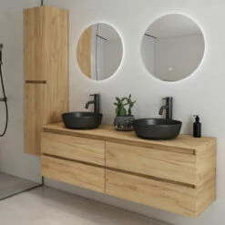 Fontana Proma Badkamermeubel 160cm Met Zwarte Waskommen En LED Spiegels Warm Eiken