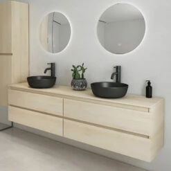 Fontana Proma Badkamermeubel 200cm Met Zwarte Waskommen En LED Spiegels Beach Eiken