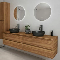 Fontana Proma Badkamermeubel 200cm Met Zwarte Waskommen En LED Spiegels Walnoot