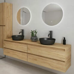 Fontana Proma Badkamermeubel 200cm Met Zwarte Waskommen En LED Spiegels Warm Eiken