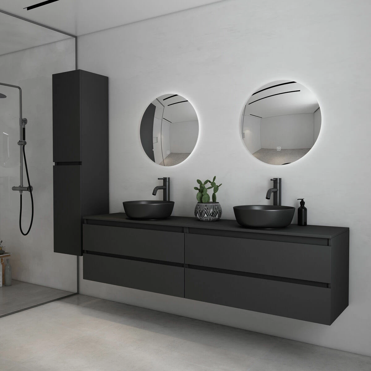 Fontana Proma Badkamermeubel 200cm Met Zwarte Waskommen En LED Spiegels Zwart Mat - Afbeelding 2