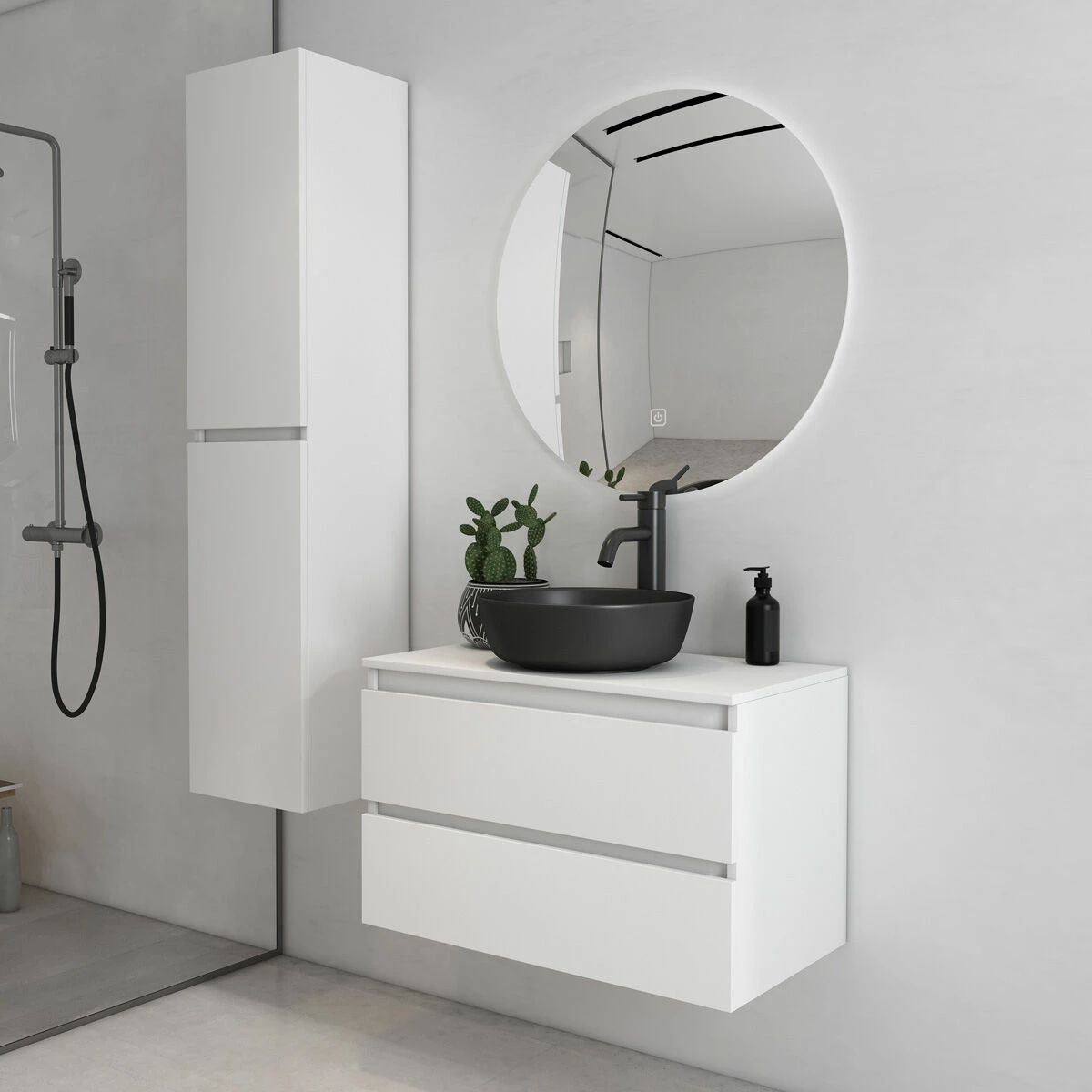 Fontana Proma Badkamermeubel 80cm Met Zwarte Waskom En LED Spiegel Mat Wit