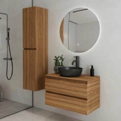 Fontana Proma Badkamermeubel 80cm Met Zwarte Waskom En LED Spiegel Walnoot