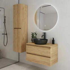 Fontana Proma Badkamermeubel 80cm Met Zwarte Waskom En LED Spiegel Warm Eiken