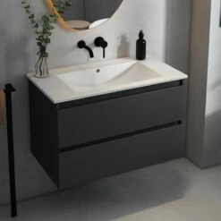 Fontana Rovigo Badmeubel 80cm Met Witte Wastafel Zonder Kraangat Zwart Mat