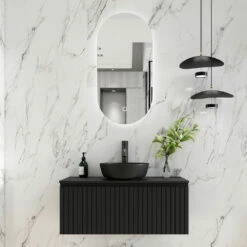 Fontana Stripe Zwart Badmeubel Ribbelfront 100cm Met Zwarte Waskom En Ovale LED Spiegel