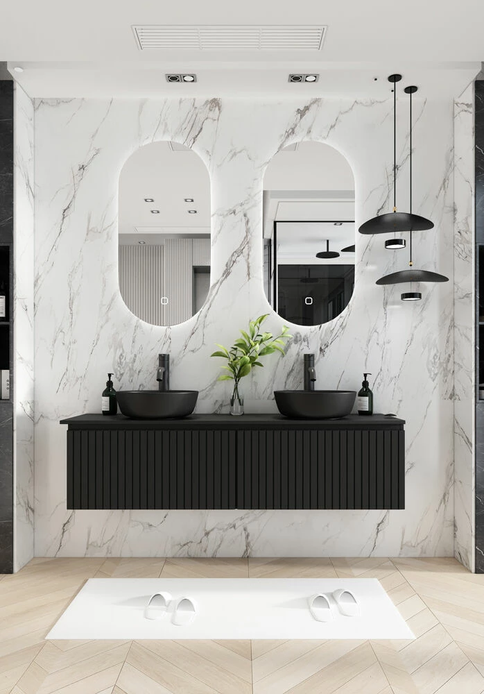 Fontana Stripe Zwart Badmeubel Ribbelfront 160cm Met Zwarte Waskommen En Ovale LED Spiegels - Afbeelding 3