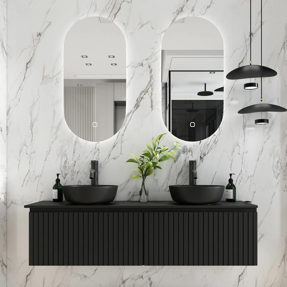 Fontana Stripe Zwart Badmeubel Ribbelfront 160cm Met Zwarte Waskommen En Ovale LED Spiegels