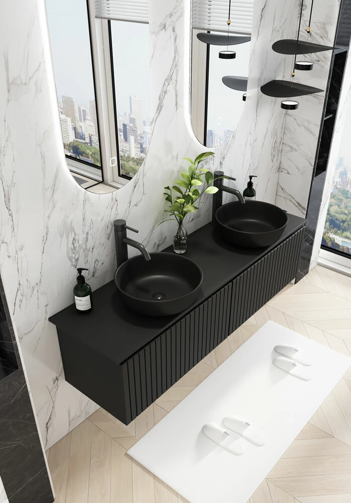 Fontana Stripe Zwart Badmeubel Ribbelfront 160cm Met Zwarte Waskommen En Ovale LED Spiegels - Afbeelding 2