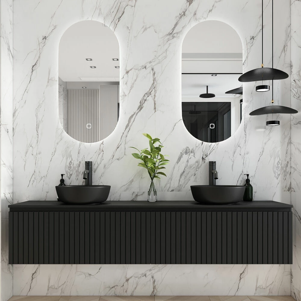 Fontana Stripe Zwart Badmeubel Ribbelfront 200cm Met Zwarte Waskommen En Ovale LED Spiegels