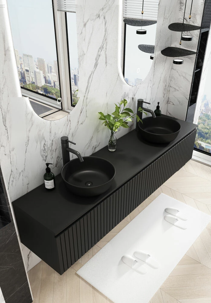 Fontana Stripe Zwart Badmeubel Ribbelfront 200cm Met Zwarte Waskommen En Ovale LED Spiegels - Afbeelding 2