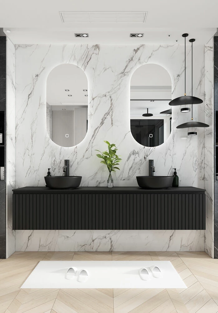 Fontana Stripe Zwart Badmeubel Ribbelfront 200cm Met Zwarte Waskommen En Ovale LED Spiegels - Afbeelding 3