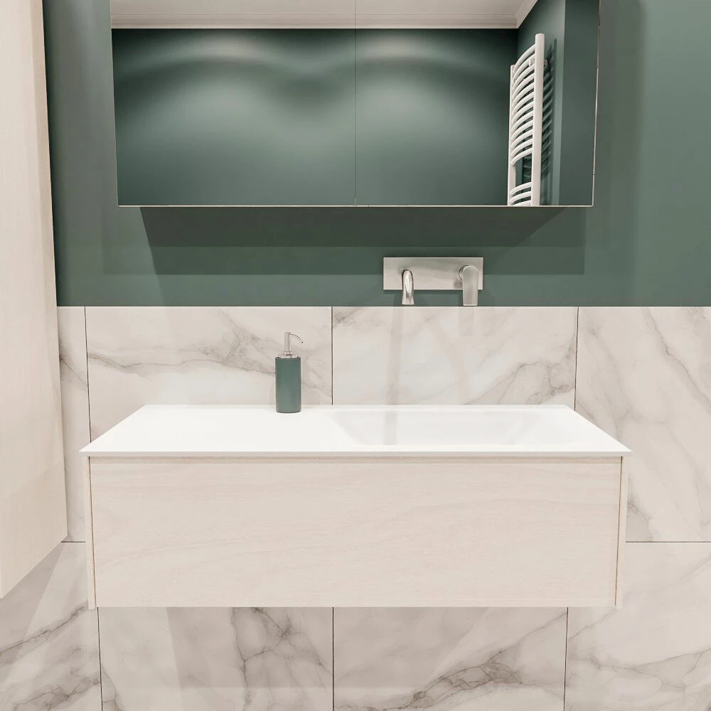 Lush Onderkast 100cm In Kleur UNDERLAYMENT Met 1 Lade Push Tot Open Geschikt Voor Rechtse Wastafel. Compleet Met Solid Surface Wastafel Cloud M35134met 0 Kraangat(en)