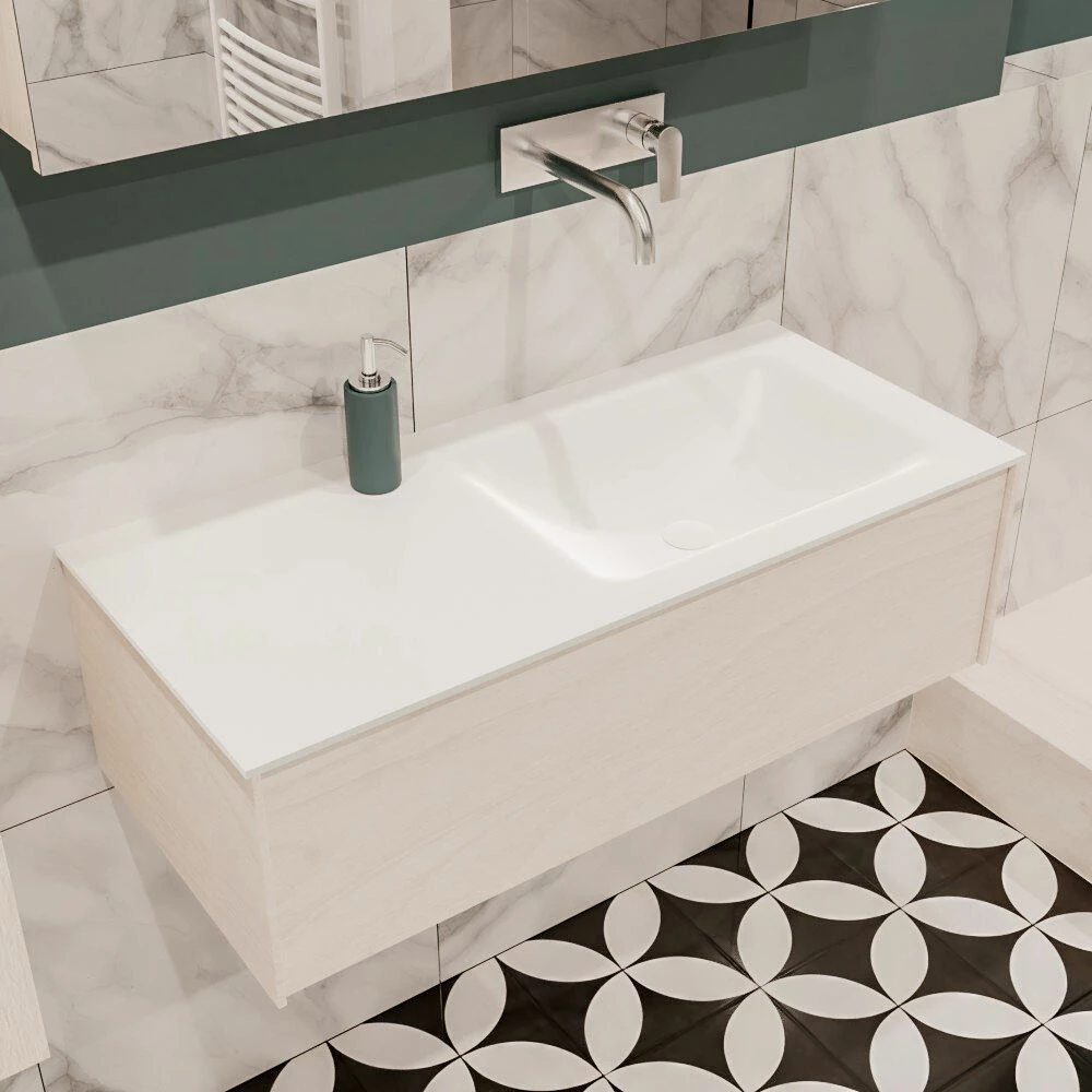 Lush Onderkast 100cm In Kleur UNDERLAYMENT Met 1 Lade Push Tot Open Geschikt Voor Rechtse Wastafel. Compleet Met Solid Surface Wastafel Cloud M35134met 0 Kraangat(en) - Afbeelding 3