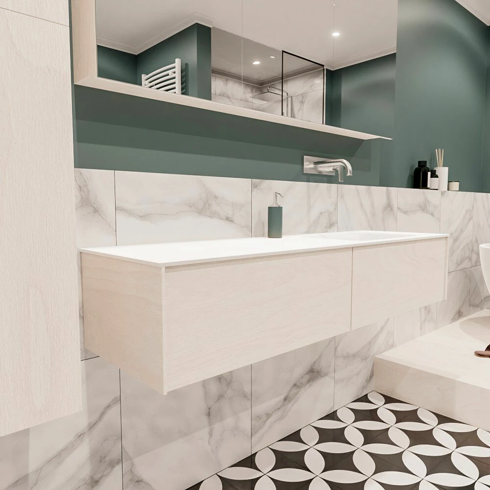 Lush Onderkast 150cm In Kleur UNDERLAYMENT Met 2 Lades Push Tot Open Geschikt Voor Rechtse Wastafel. Compleet Met Solid Surface Wastafel Cloud M35218met 0 Kraangat(en) - Afbeelding 2