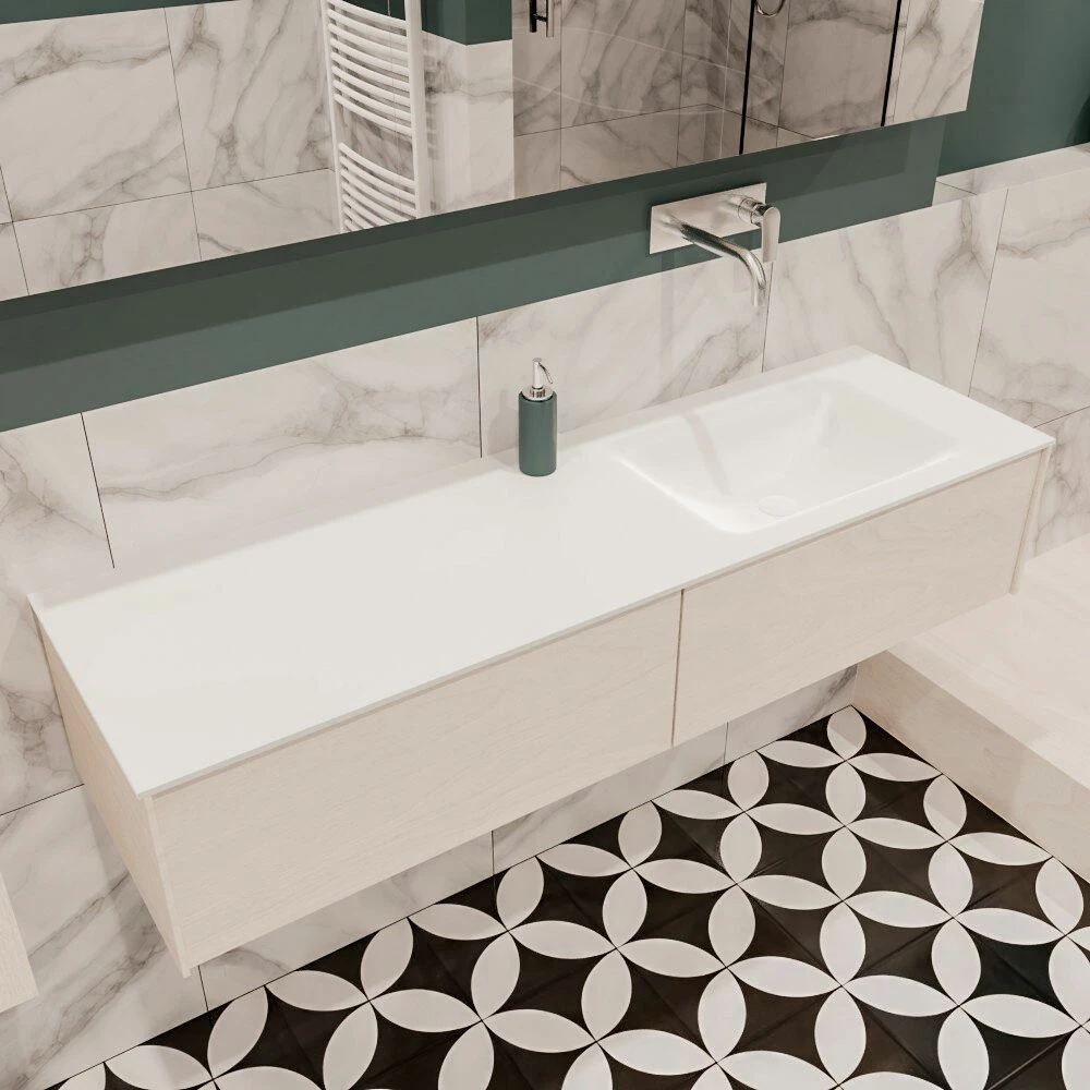 Lush Onderkast 150cm In Kleur UNDERLAYMENT Met 2 Lades Push Tot Open Geschikt Voor Rechtse Wastafel. Compleet Met Solid Surface Wastafel Cloud M35218met 0 Kraangat(en) - Afbeelding 3