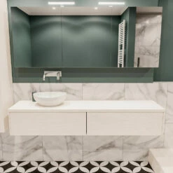 Lush Onderkast Met Topblad 180cm In Kleur UNDERLAYMENT Met 2 Lades Push Tot Open Geschikt Voor Linkse Wastafel. Met Ovale Keramische Opzetkom Met 0 Kraangat(en) In Het Topblad