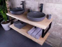 Massief Eikenhouten Badmeubel 150cm Met Natuurstenen Waskommen