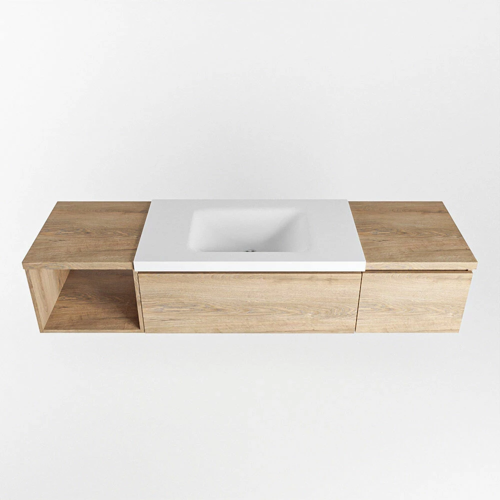 Mondiaz Bukla 160cm Badmeubel Met Open Module 40 Links Washed Oak Met 2 Lades Wastafel Cloud Midden 0 Kraangaten Talc - Afbeelding 5