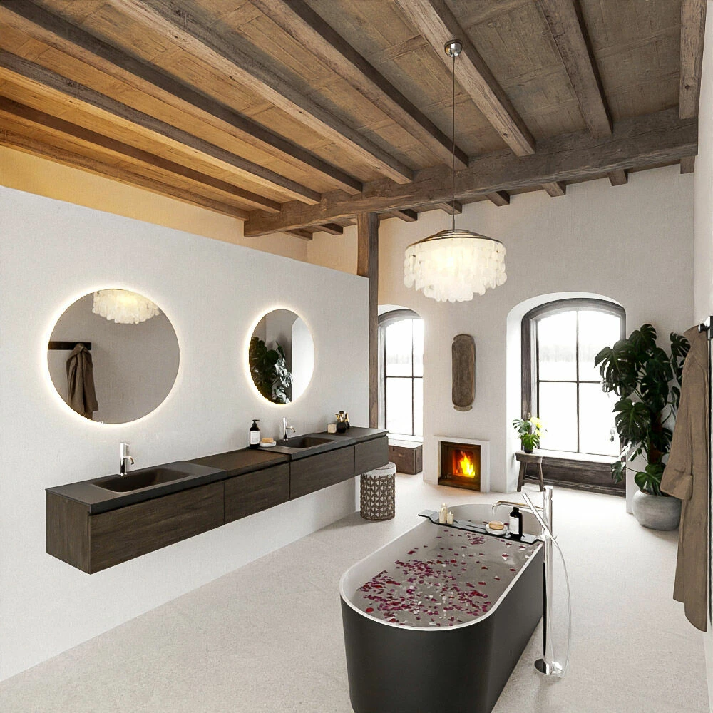 Mondiaz Bukla 280cm Badmeubel Met Module 60 Links Dark Brown Met 4 Lades Wastafel Cloud Dubbel 2 Kraangaten Urban - Afbeelding 2