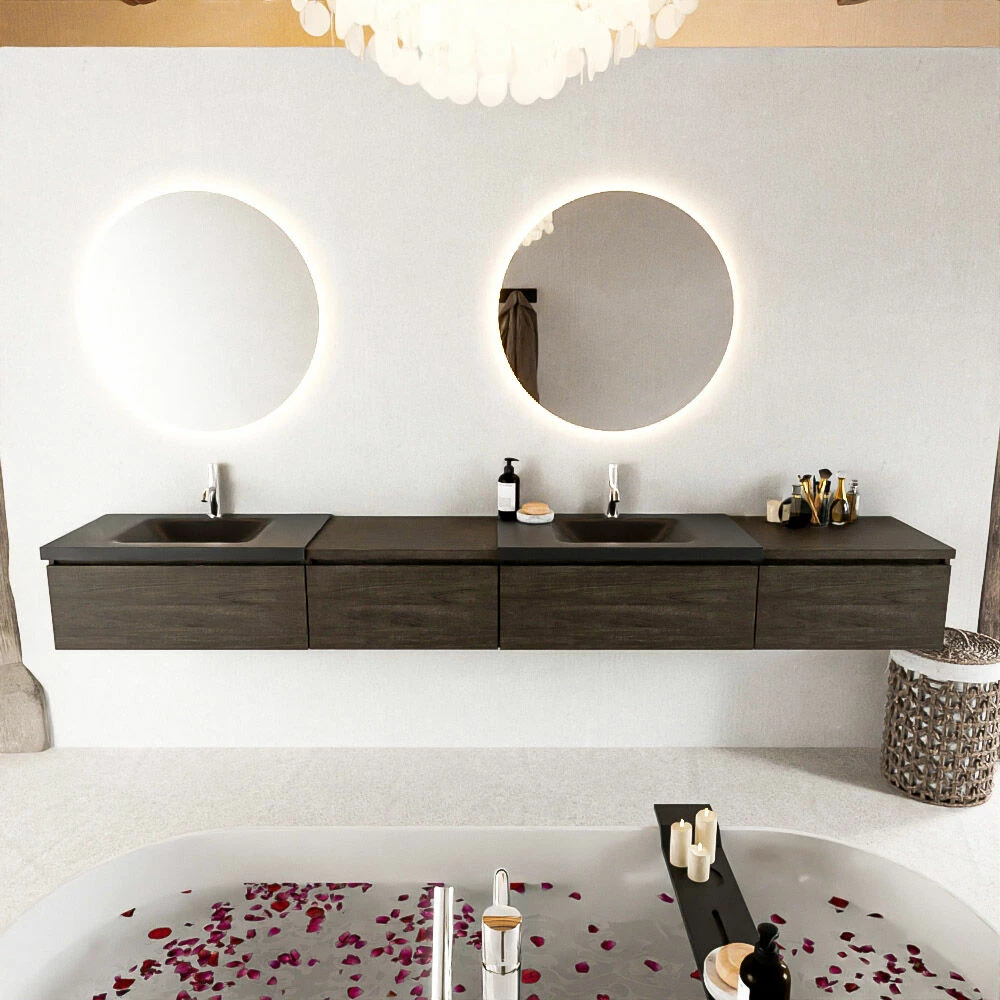 Mondiaz Bukla 280cm Badmeubel Met Module 60 Links Dark Brown Met 4 Lades Wastafel Cloud Dubbel 2 Kraangaten Urban - Afbeelding 3