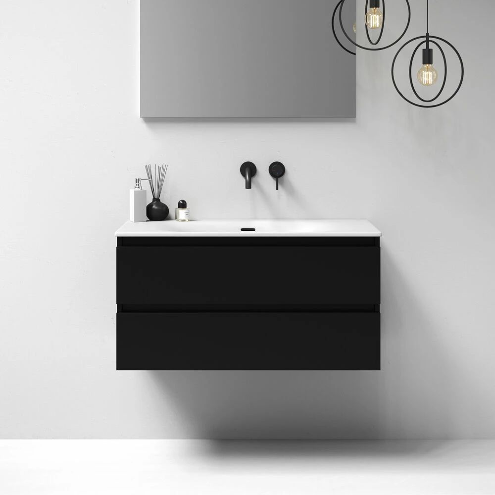 Sanituba Nature Badmeubel 100cm Mat Zwart Met Wastafel Furiosa Mat Wit Geen Kraangaten