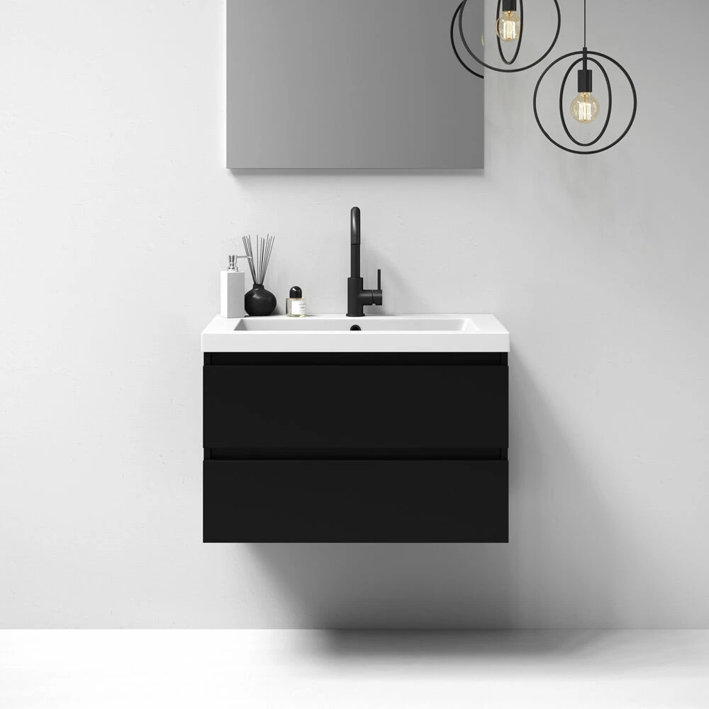 Sanituba Nature Badmeubel 80cm Mat Zwart Met Wastafel Foggia Glans Wit 1 Kraangat