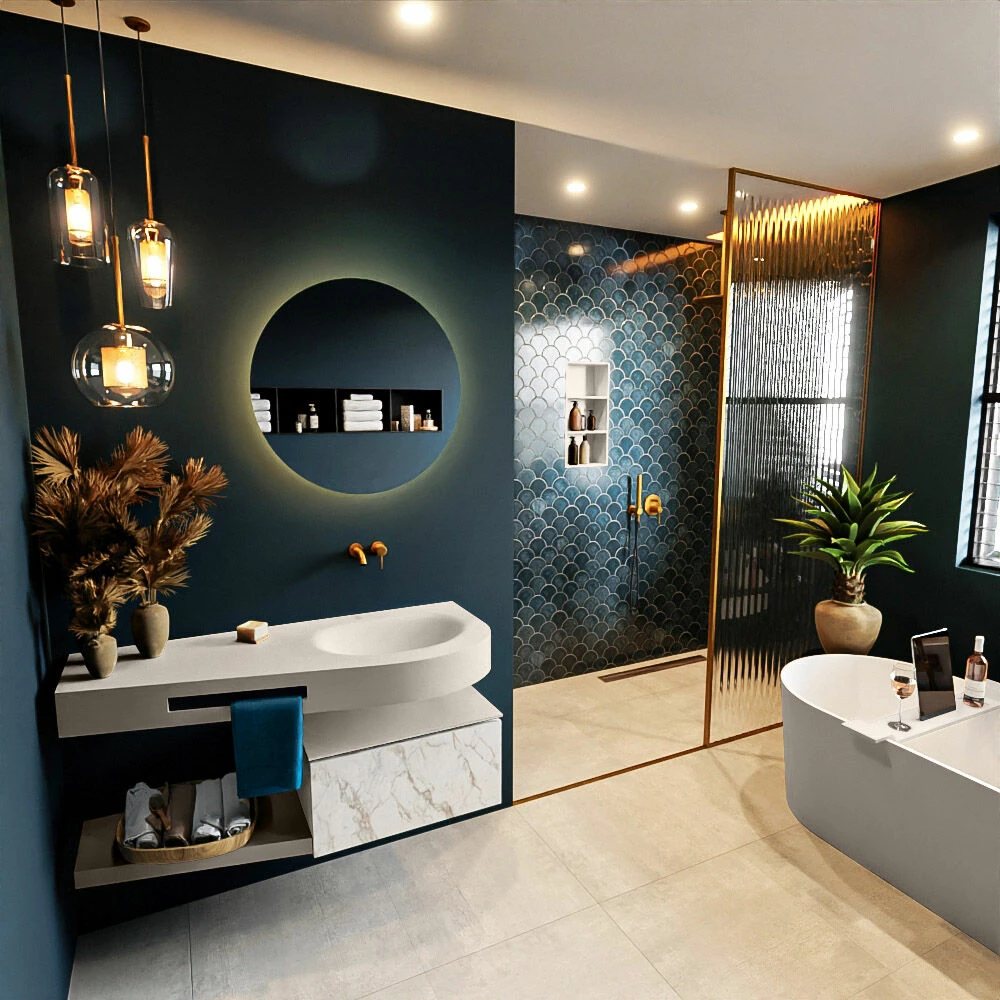 Mondiaz Riva Badmeubel 120cm Carrara Met 1 Lade En Wastafel Rechts 0 Kraangaten Linen - Afbeelding 2