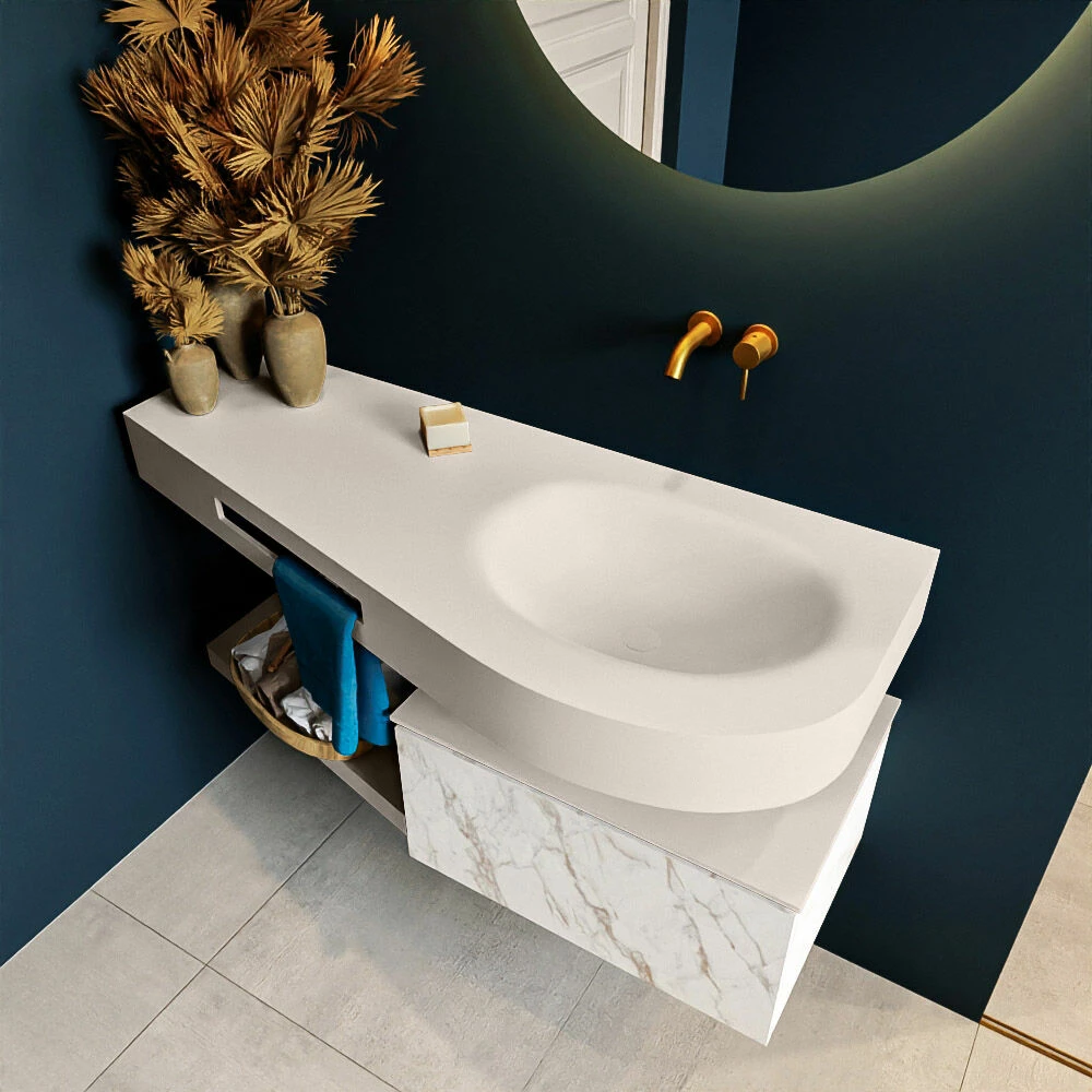 Mondiaz Riva Badmeubel 120cm Carrara Met 1 Lade En Wastafel Rechts 0 Kraangaten Linen - Afbeelding 3