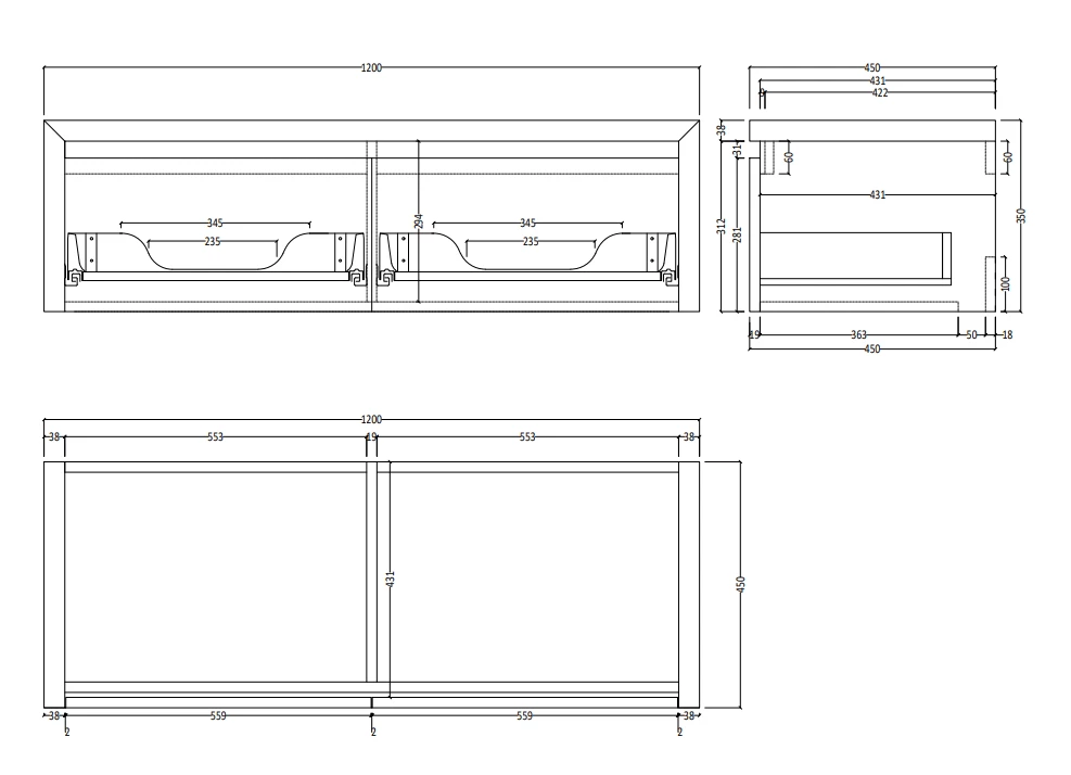 SaniGoods Alvares Badmeubel 120cm 2 Lades Eiken Ashgrey Met Zwarte Waskommen - Afbeelding 4