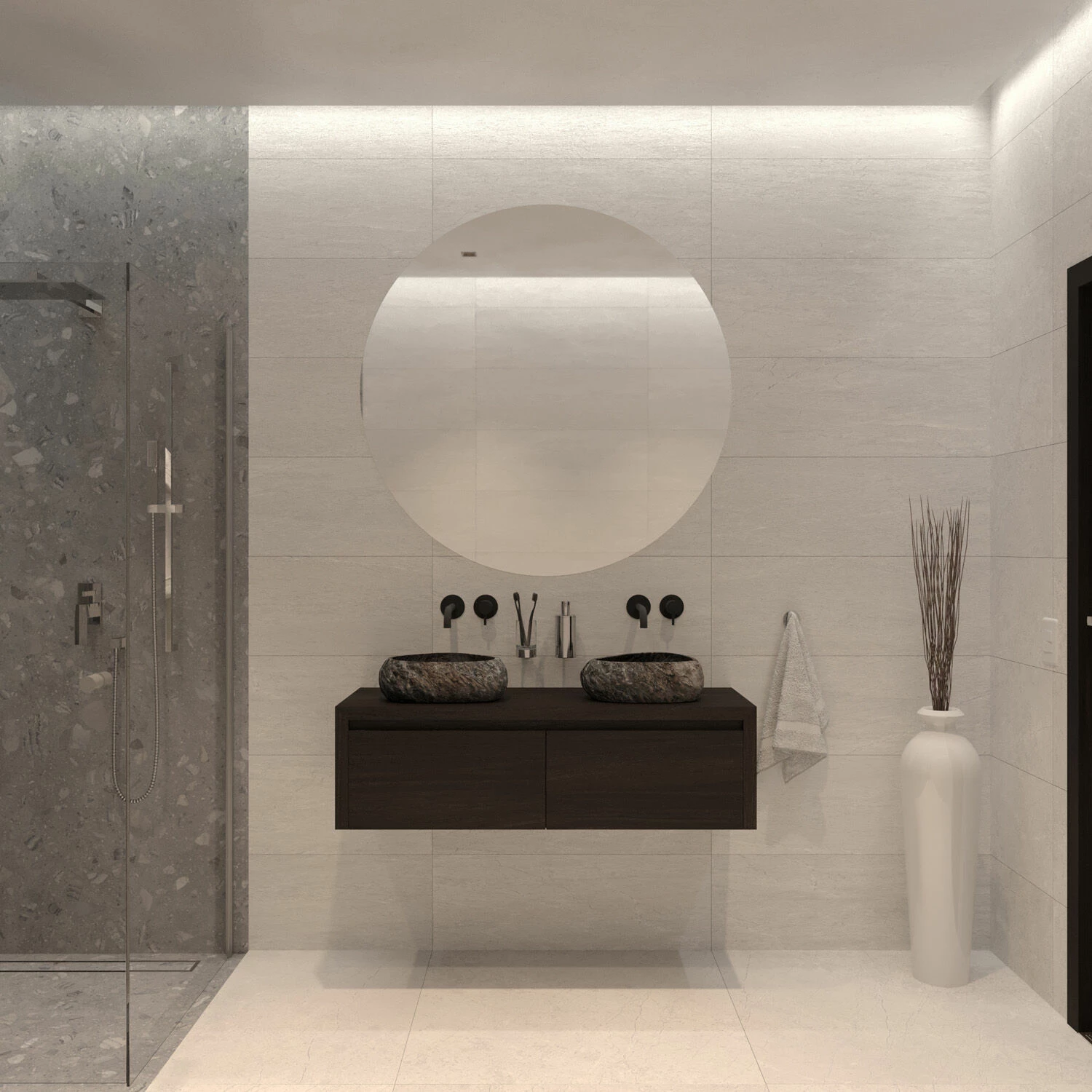 SaniGoods Alvares Badmeubel 120cm 2 Lades Eiken Charcoal Met Rivierstenen Waskommen - Afbeelding 2