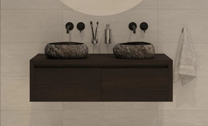 SaniGoods Alvares Badmeubel 140cm 2 Lades Eiken Charcoal Met Rivierstenen Waskommen