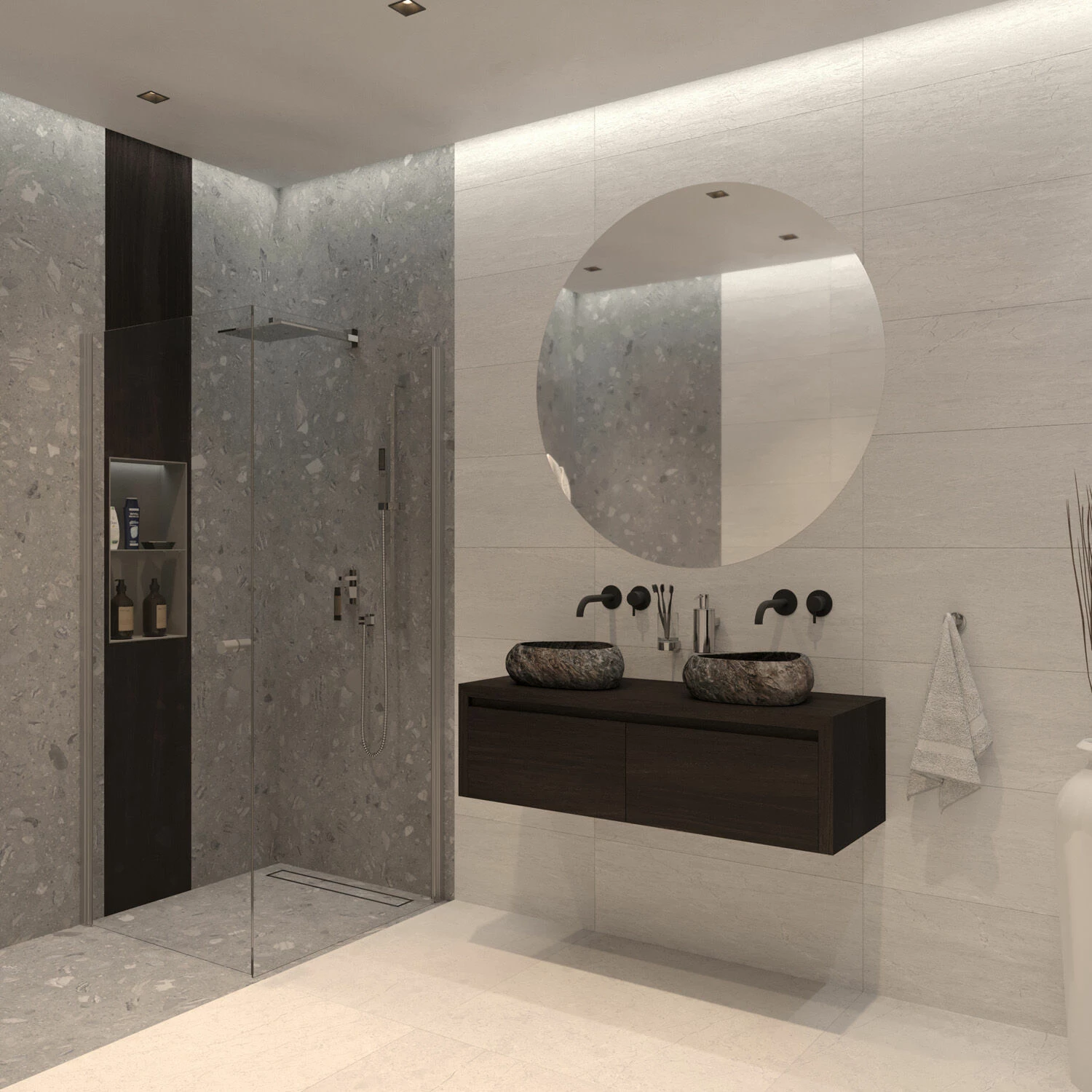 SaniGoods Alvares Badmeubel 140cm 2 Lades Eiken Charcoal Met Rivierstenen Waskommen - Afbeelding 3