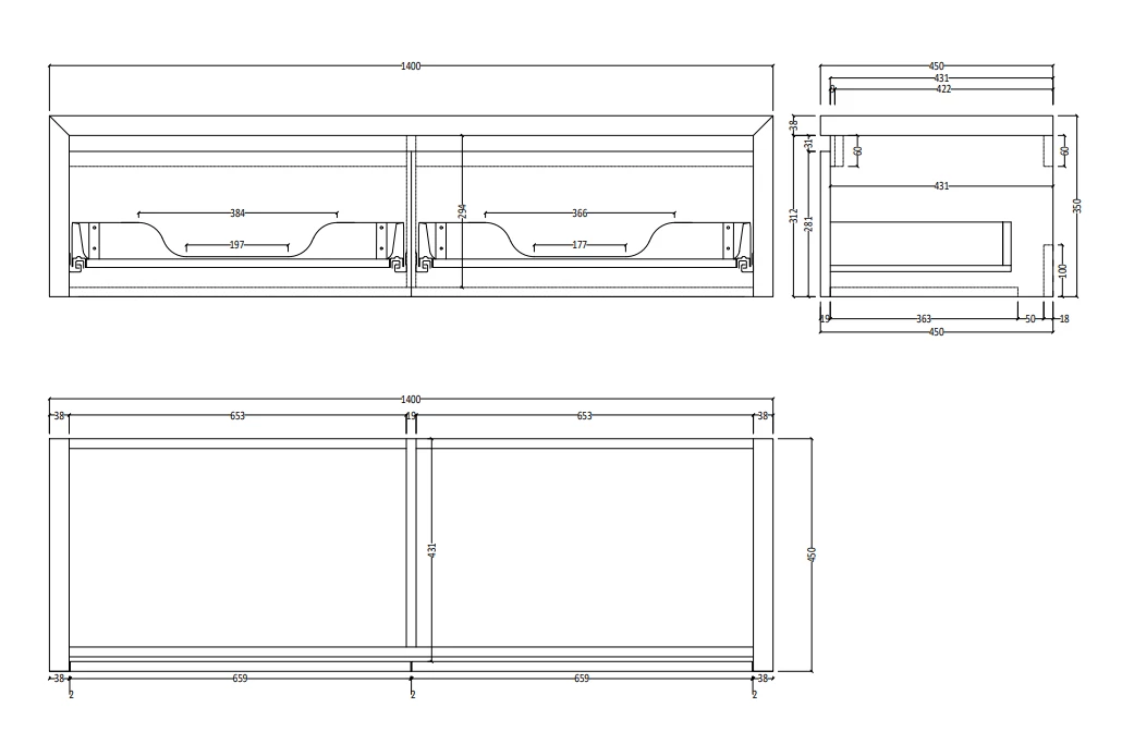 SaniGoods Alvares Badmeubel 140cm 2 Lades Zonder Waskom Eiken Castle Brown - Afbeelding 4